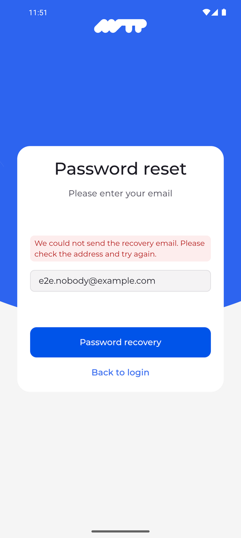 Screenshot: The app tells you whether a recovery email is on its way