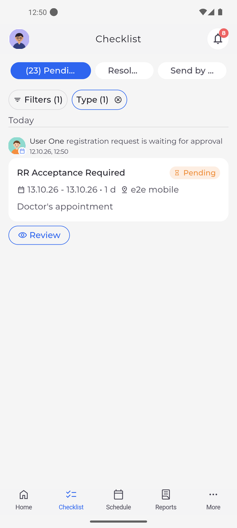 Screenshot: A colleague's request shows who asked for what, with a Review button