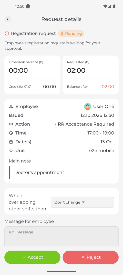 Screenshot: Check the details, then Accept or Reject at the bottom