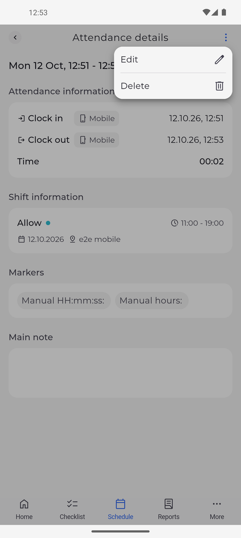 Screenshot: The menu of an attendance offers Edit and Delete when you may change it