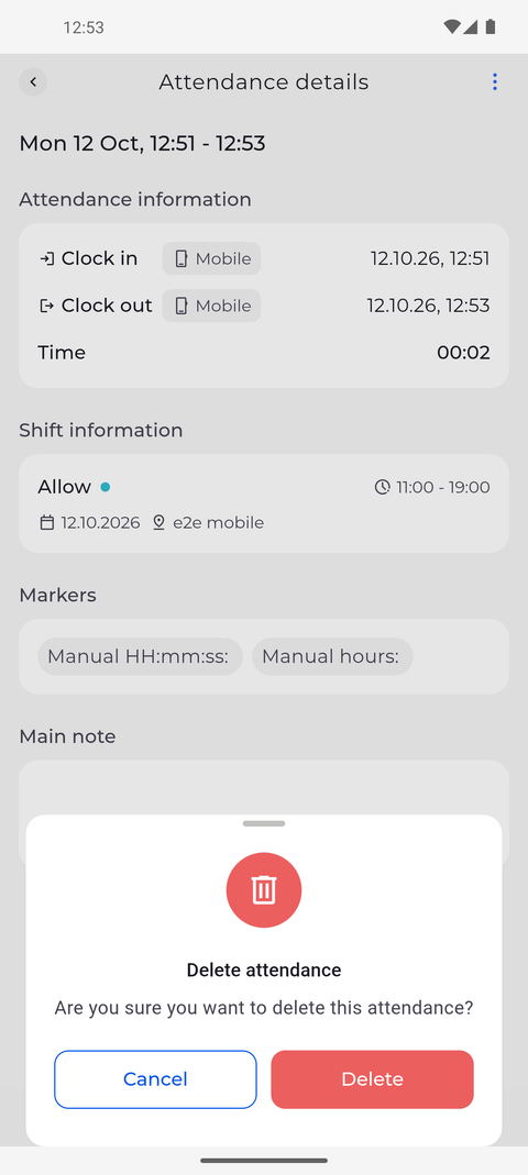 Screenshot: Confirm with Delete - or Cancel to keep the attendance