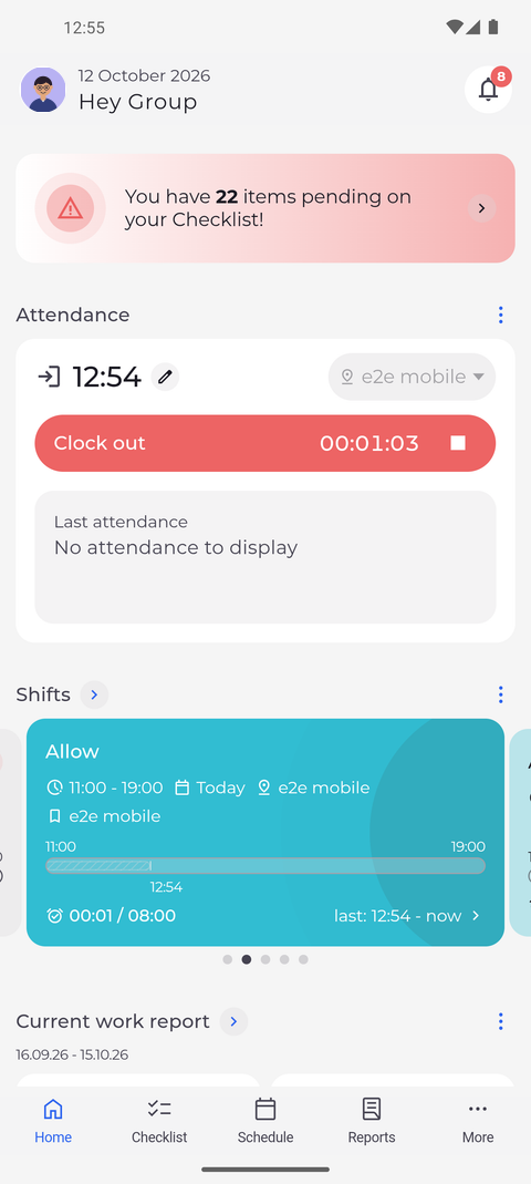 Screenshot: While you are clocked in, the pencil next to the start time opens the attendance