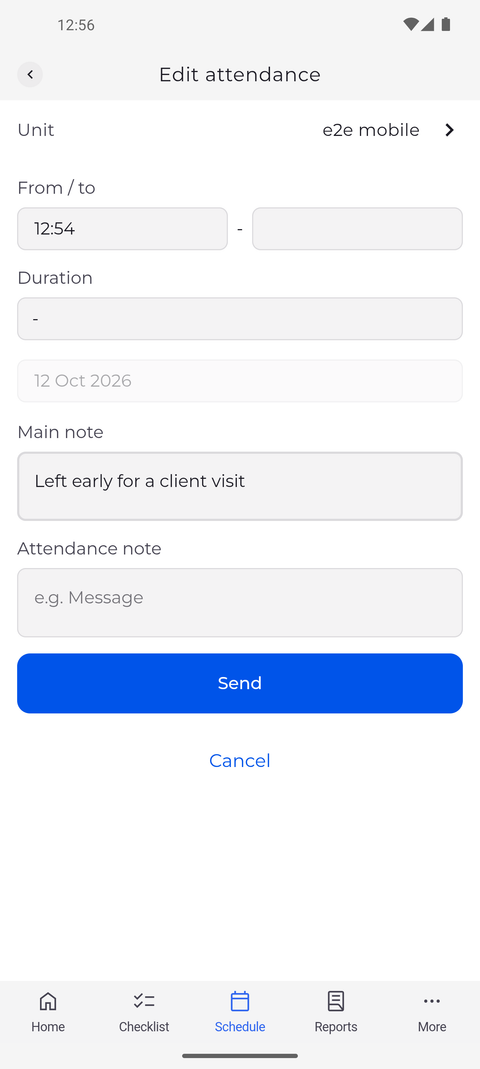 Screenshot: Change the unit, the start time or the note, then tap Send