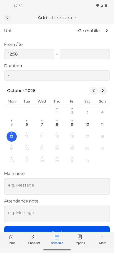 Screenshot: Hold Clock in - the attendance editor opens with the start time set to now