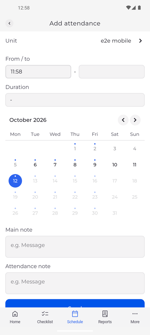 Screenshot: Set the time you really started, leave To empty and tap Send