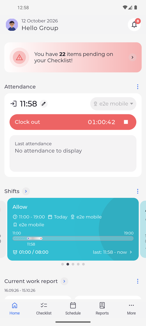 Screenshot: You are clocked in from the time you set
