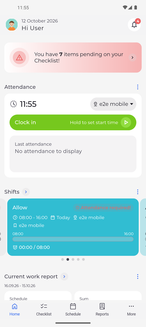 Screenshot: Open the Home screen and find the Attendance card
