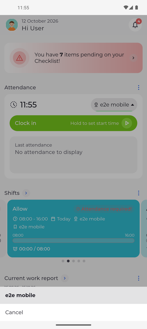 Screenshot: Optionally change the unit you are clocking in at