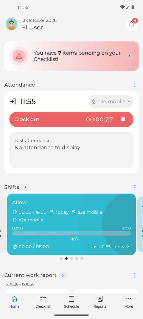 Screenshot: You are clocked in and the card starts counting your time