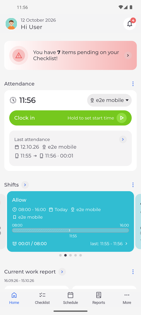 Screenshot: You are clocked out and the finished attendance appears under Last attendance