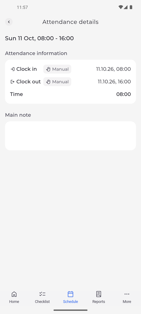 Screenshot: The details show when and from which device you clocked in and out