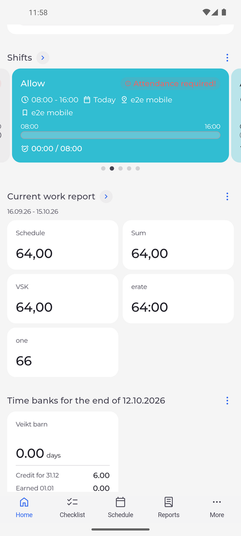 Screenshot: The Current work report widget shows your figures for this period