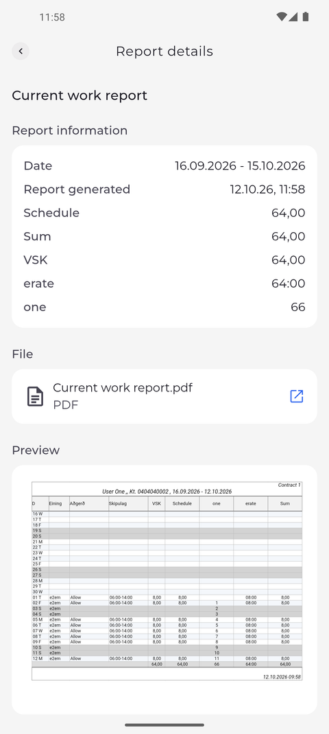 Screenshot: The arrow opens the report with all its details