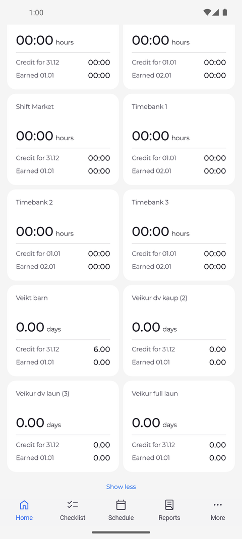 Screenshot: Show more lists every time bank; Show less folds the list again