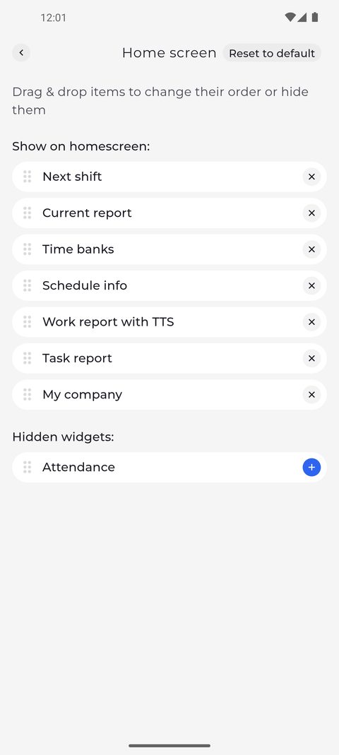 Screenshot: Hidden widgets wait in Settings > Home screen - tap the plus to show one again