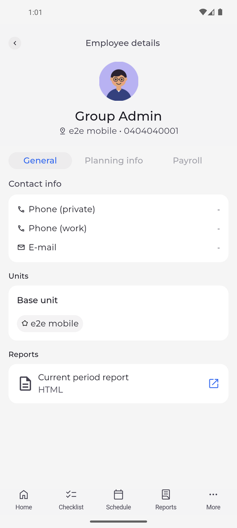 Screenshot: General shows how to reach the person and the units they work in