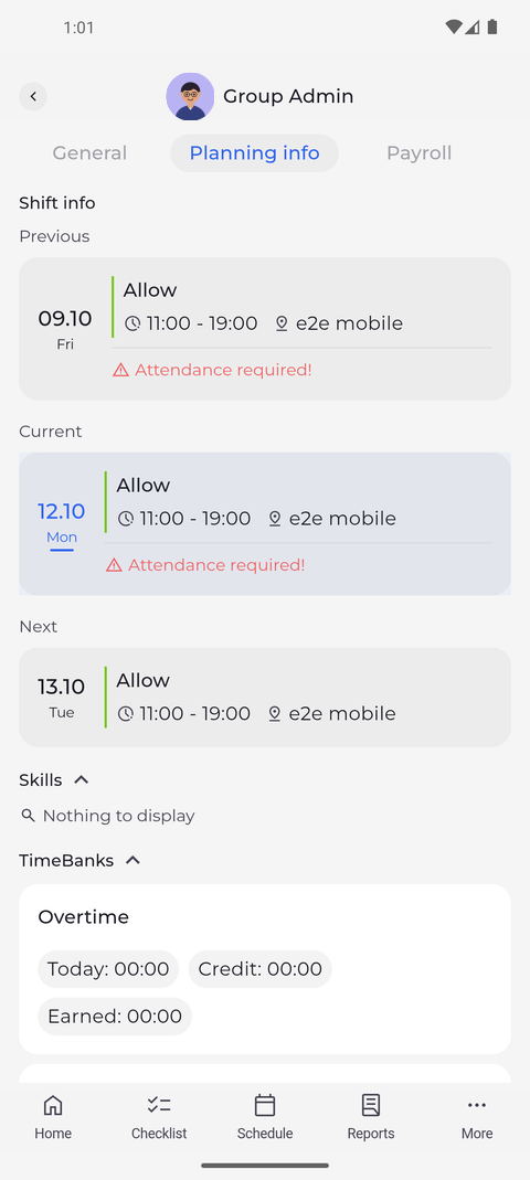 Screenshot: Planning info lists the person's shifts, skills and time banks