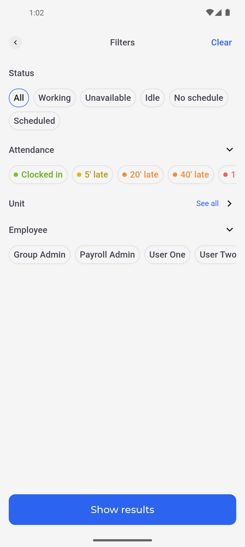 Screenshot: Filters shows status, attendance, unit and employee in one place