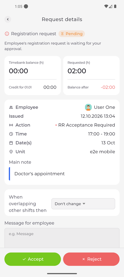 Screenshot: A request opens with its details and Accept / Reject at the bottom