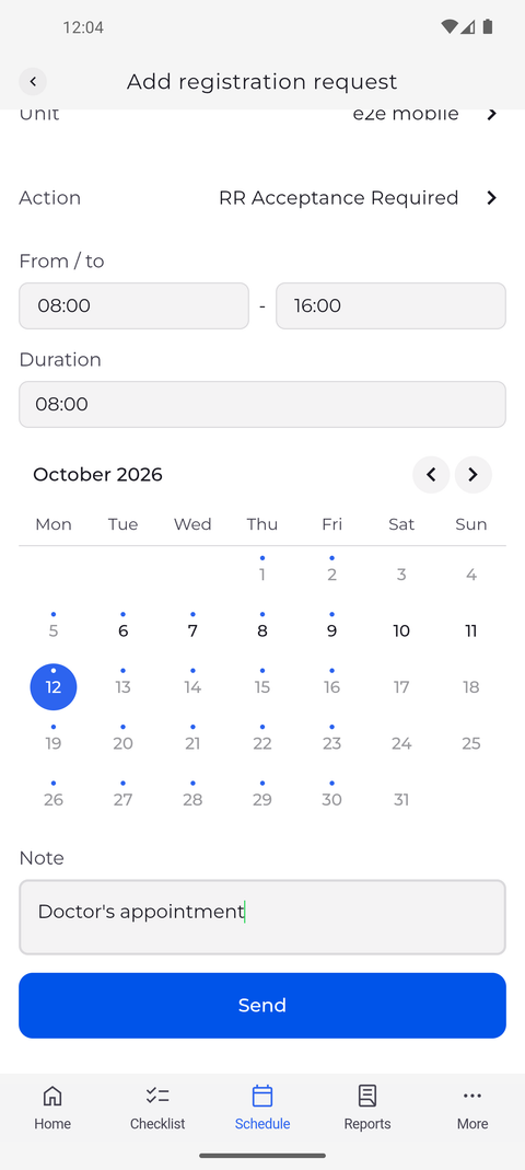 Screenshot: Pick the action, the hours and one or more days, and add a note for your manager