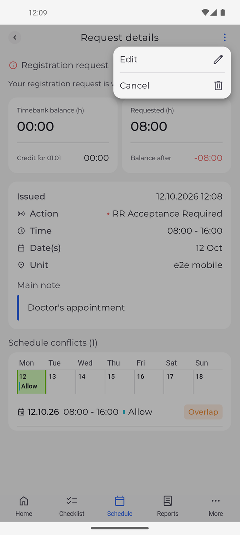Screenshot: The menu of a pending request offers Edit and Cancel