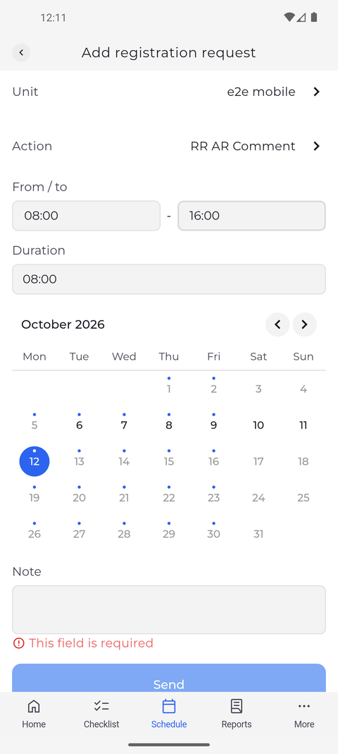Screenshot: With this action the note is required - Send stays off until you write one