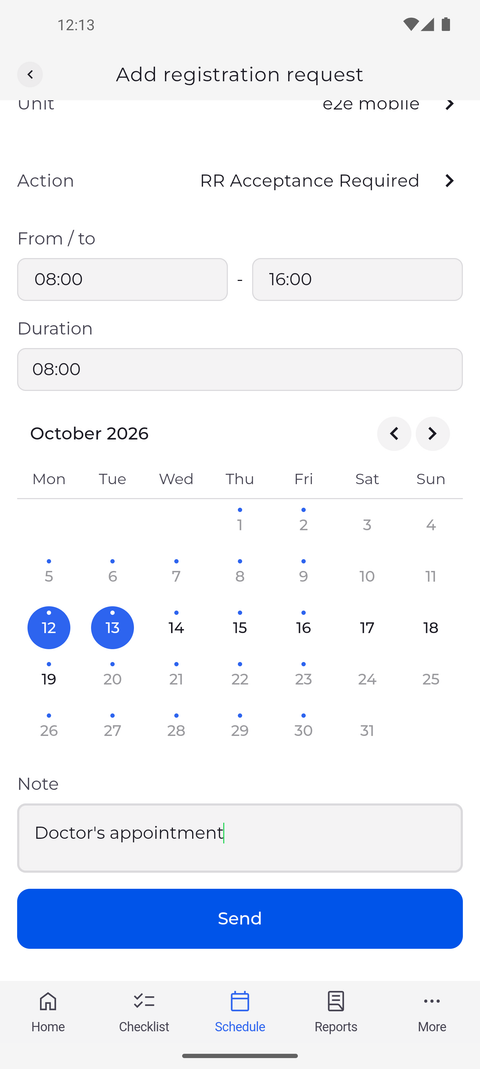 Screenshot: Tap more days in the calendar - each one gets the same request