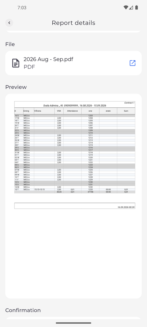 Screenshot: Confirmation shows who has approved the report and where your Accept is