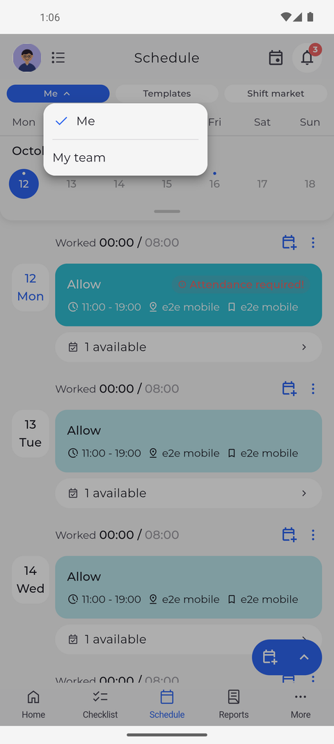 Screenshot: Tap the first pill to choose between your own schedule and your team's