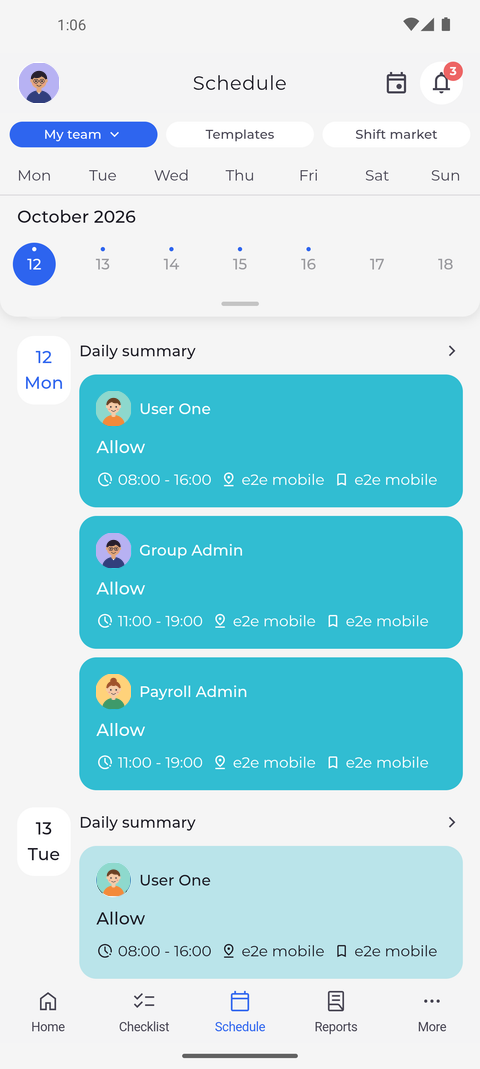 Screenshot: My team lists the day of everyone in your units, with who is late or away