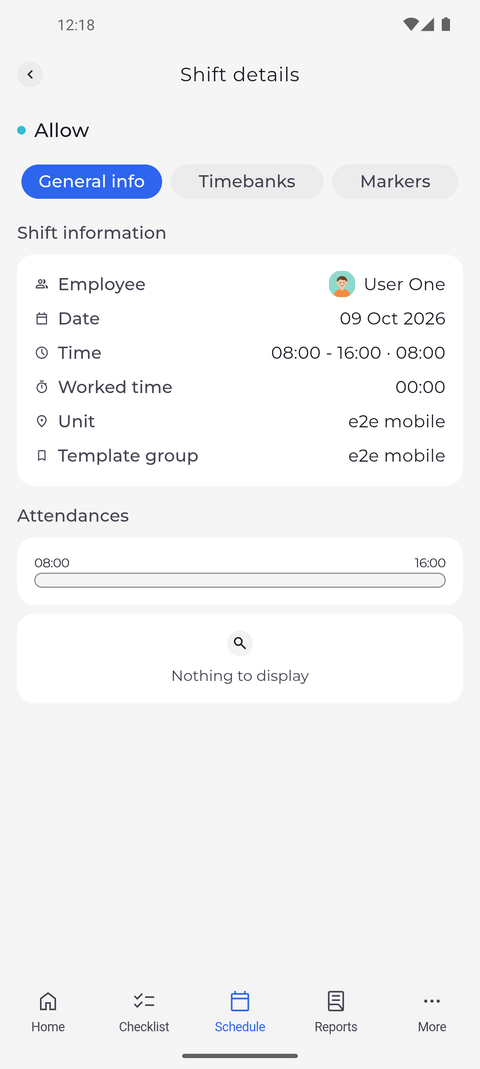 Screenshot: General info shows the shift's time, unit and action, and its attendances