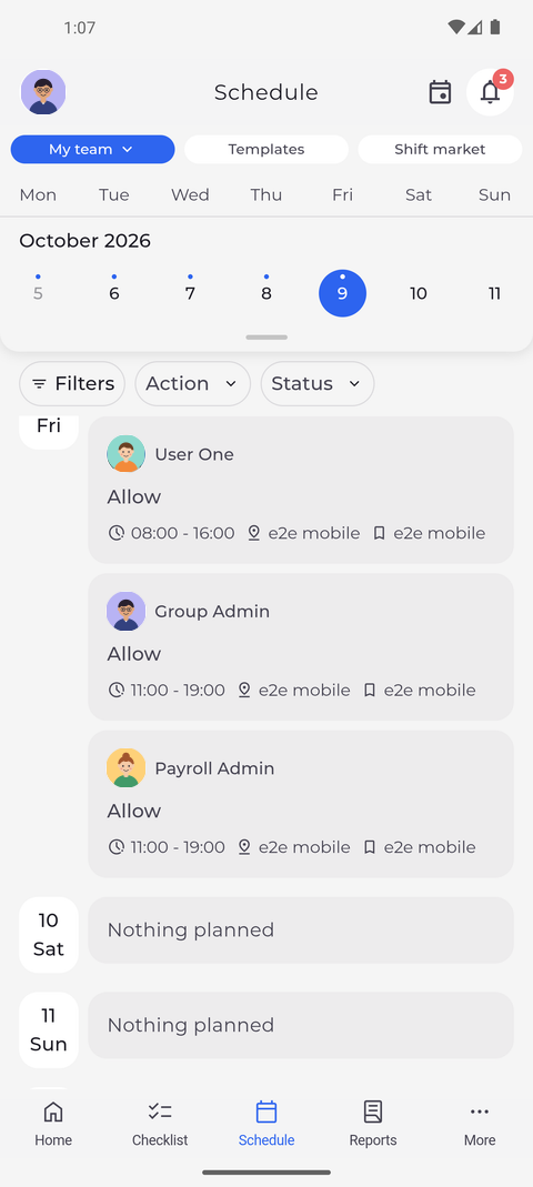 Screenshot: The team view sums up the day - who is late, not clocked in or away