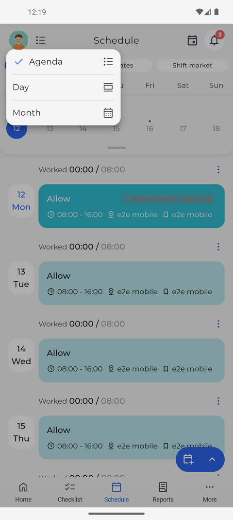 Screenshot: The icon at the top left switches between Agenda, Day and Month