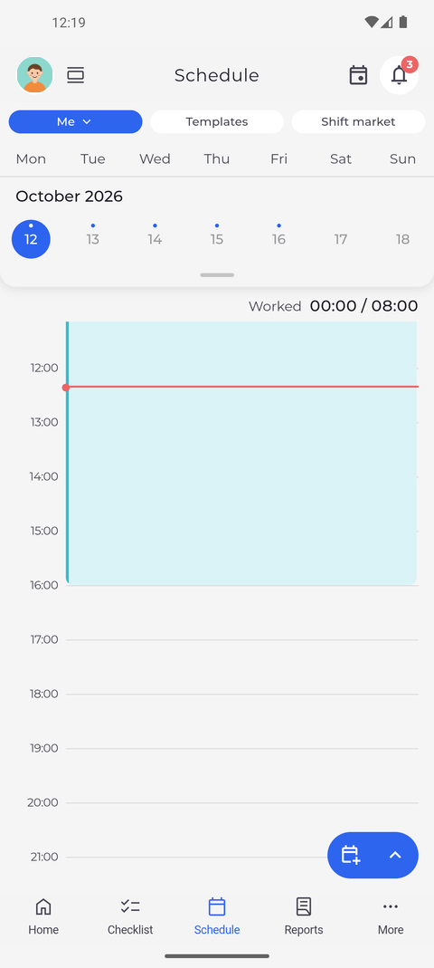 Screenshot: Day shows one day hour by hour; swipe sideways for the next or previous day