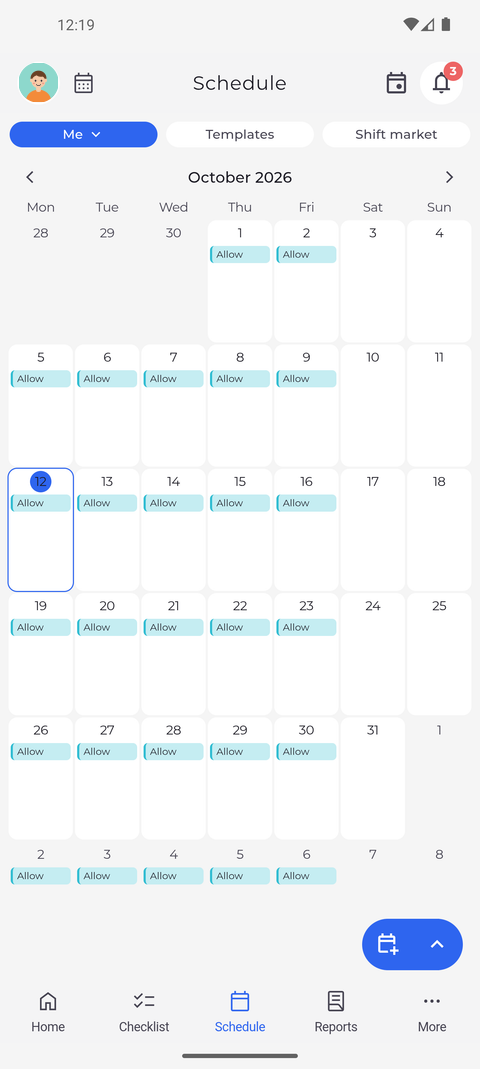Screenshot: Month shows the whole month; tap a day to see what is planned