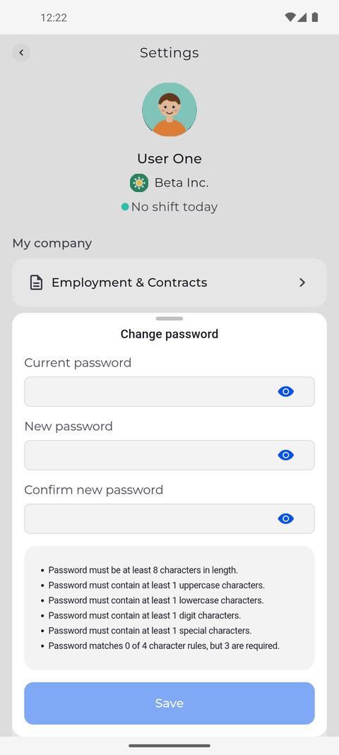 Screenshot: Type your current password and the new one twice; the rules are listed below