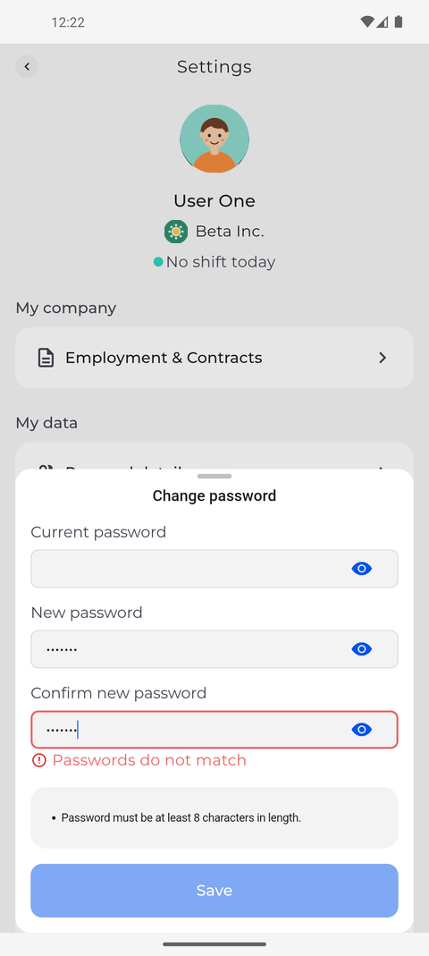 Screenshot: Save stays off until the new password meets every rule and both entries match