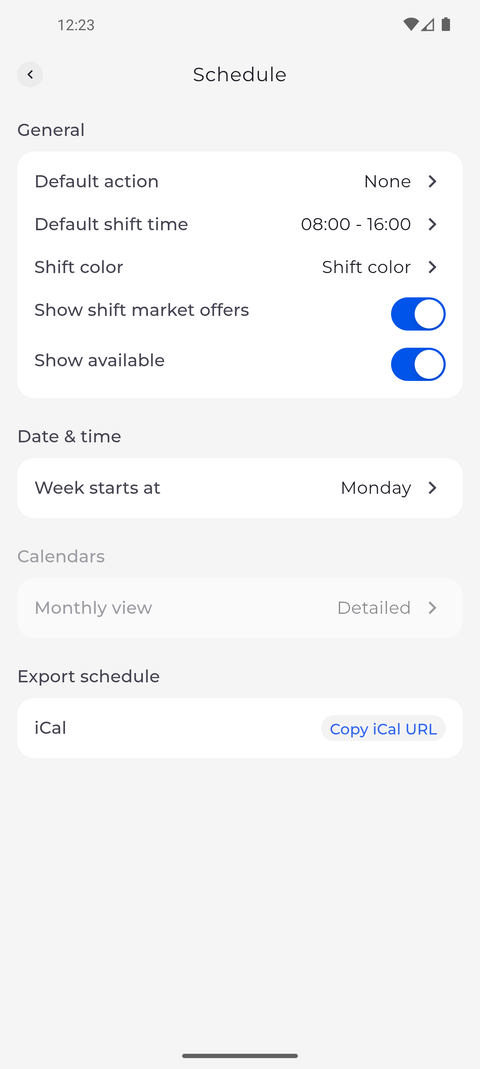 Screenshot: Export schedule at the bottom of the Schedule settings has Copy iCal URL