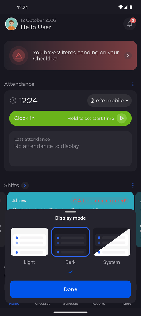 Screenshot: In the More menu, Display mode offers Light, Dark or the phone's own setting