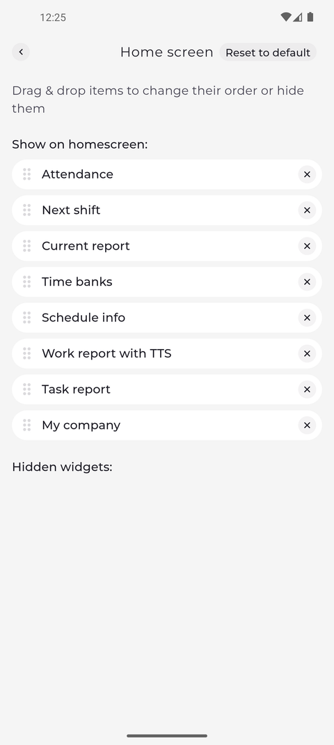 Screenshot: Home screen lists the widgets you see, in their order