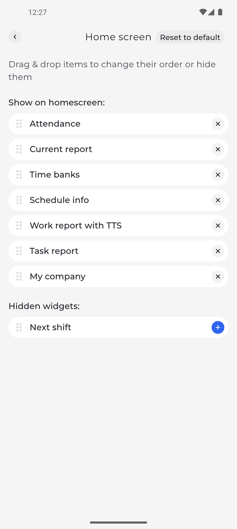 Screenshot: A hidden widget waits under Hidden widgets with a plus next to it