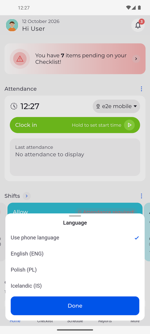 Screenshot: Language offers your phone's language or English, Polish and Icelandic