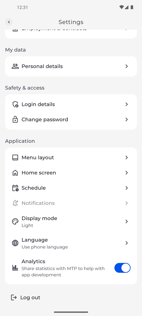 Screenshot: Log out is the last row of Settings