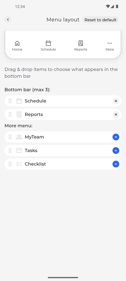 Screenshot: Tap the cross to move a tab to the More menu, or the plus to bring one back