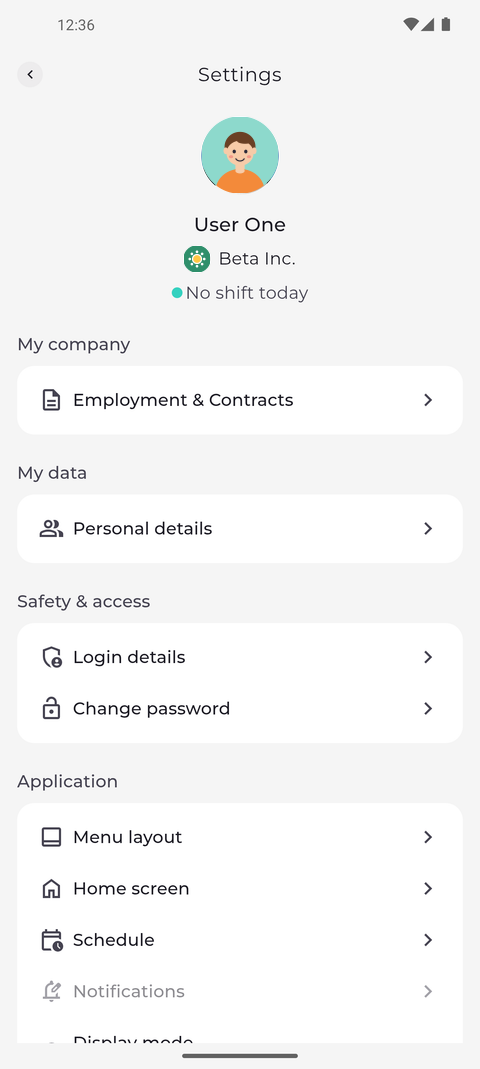 Screenshot: Settings opens on your profile, with your company and your data below it