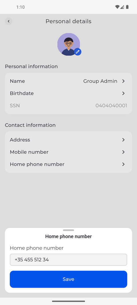 Screenshot: Type the digits - the app adds the plus and the spaces for you