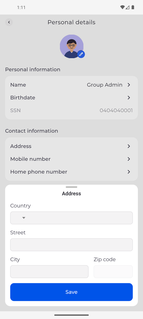 Screenshot: The address editor has Country, Street and City; the Zip code cannot be changed here