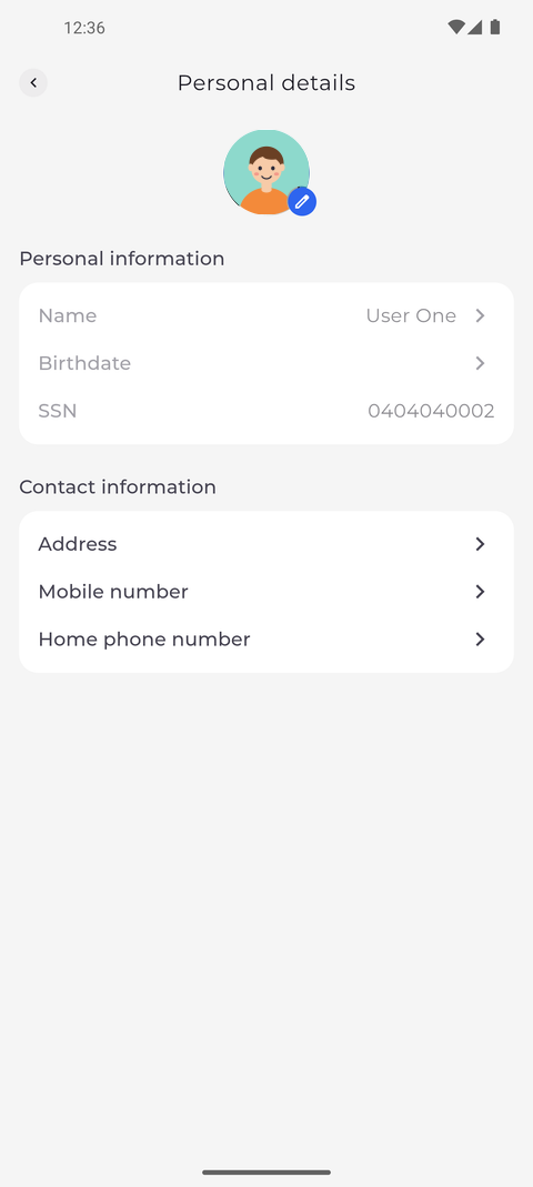 Screenshot: Personal details lists what your company keeps about you; tap a line to change it