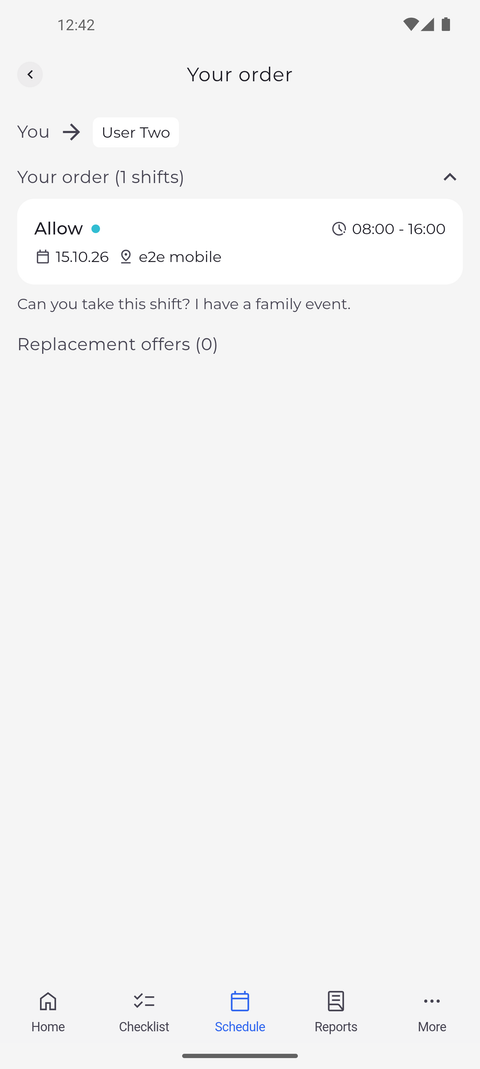 Screenshot: Your order shows who it was sent to, your shifts and the offers you got