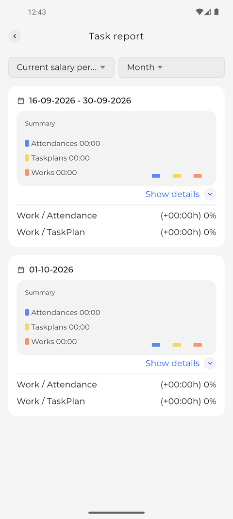 Screenshot: The Task report opens on your current salary period, split by month